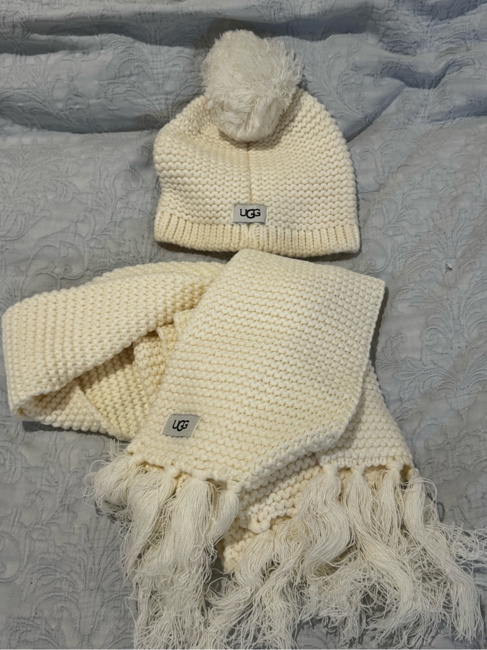 UGG Kids Cream Knit Pom Beanie and Fringe Scarf Set